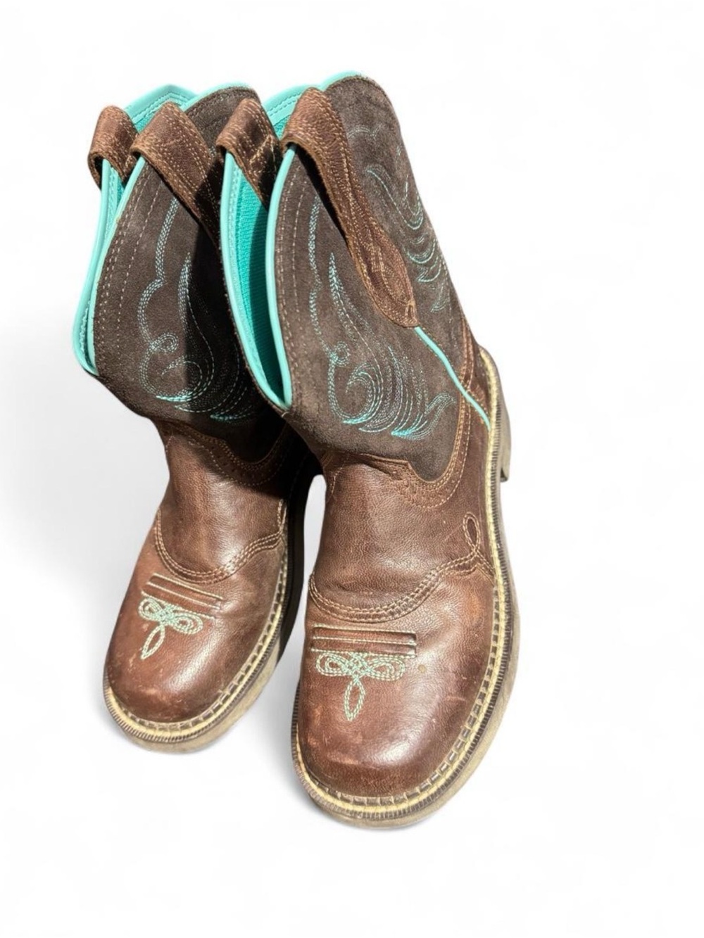 Ariat Brown Leather Combat-Style Boots with Turquoise Accent